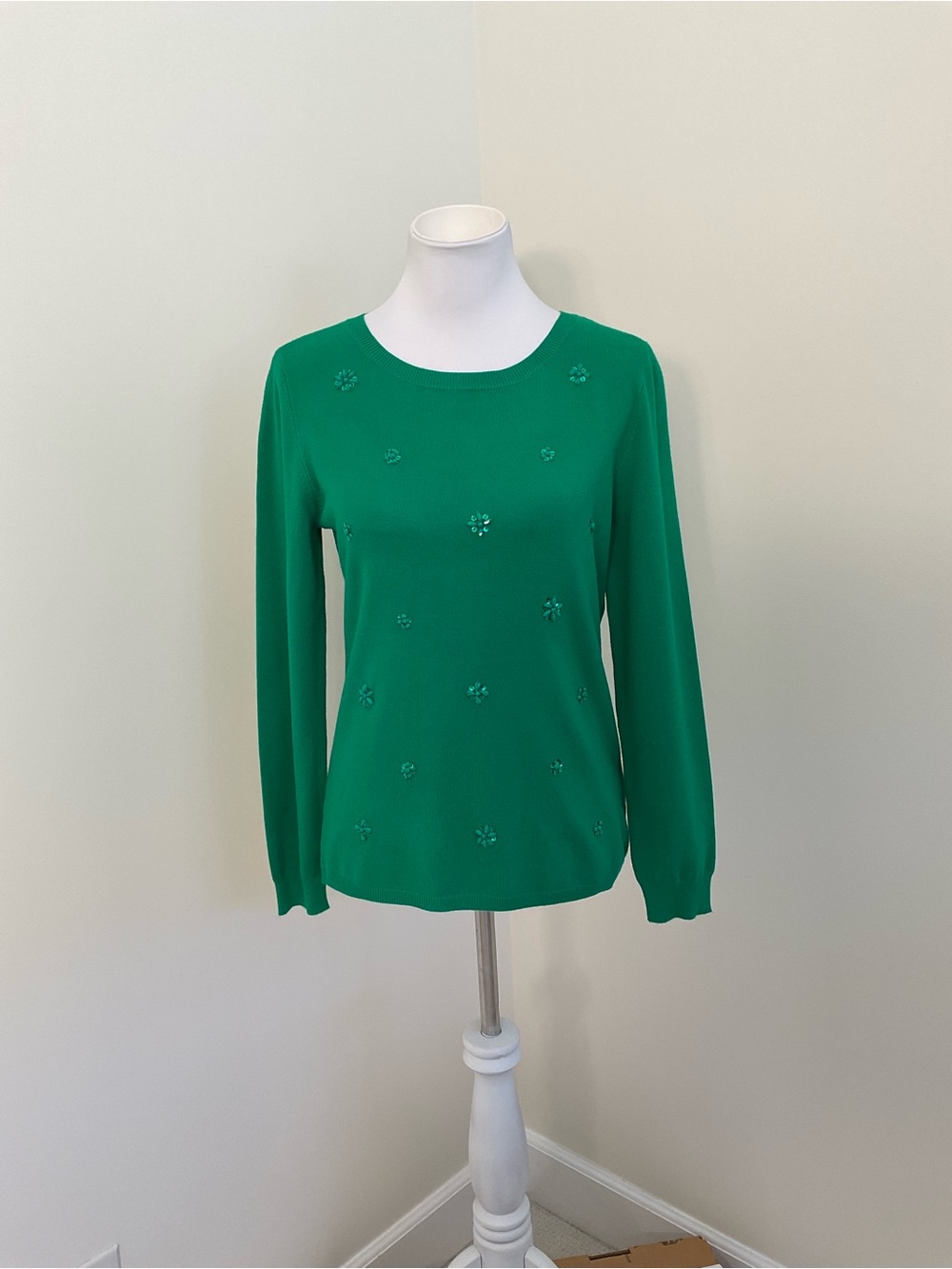 Ruby Rd. Emerald Green Beaded Floral Long-Sleeve Knit Sweater Top